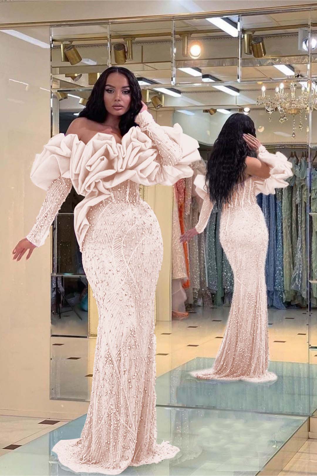 Purple Mermaid Prom Dress Long Sleeve Off the Shoulder Formal Dress With Beadings and Rhinestones