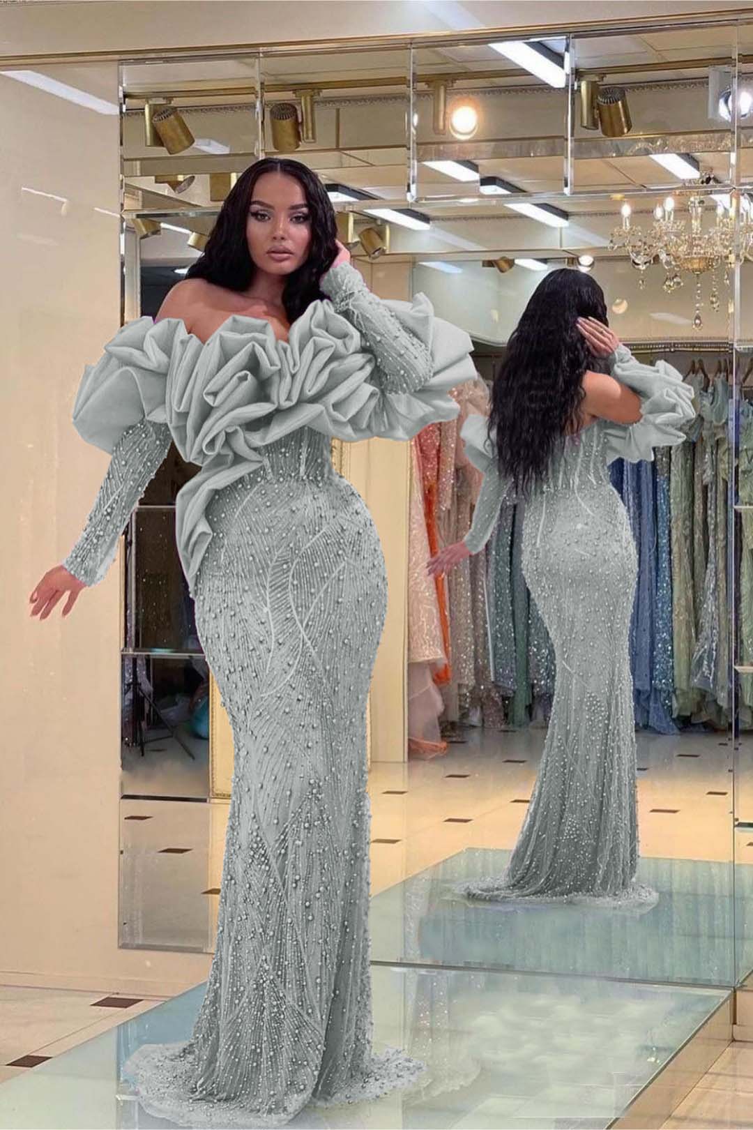Purple Mermaid Prom Dress Long Sleeve Off the Shoulder Formal Dress With Beadings and Rhinestones
