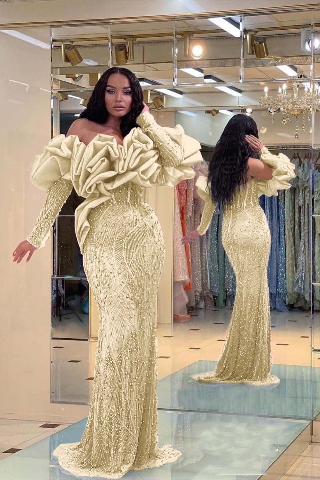 Purple Mermaid Prom Dress Long Sleeve Off the Shoulder Formal Dress With Beadings and Rhinestones
