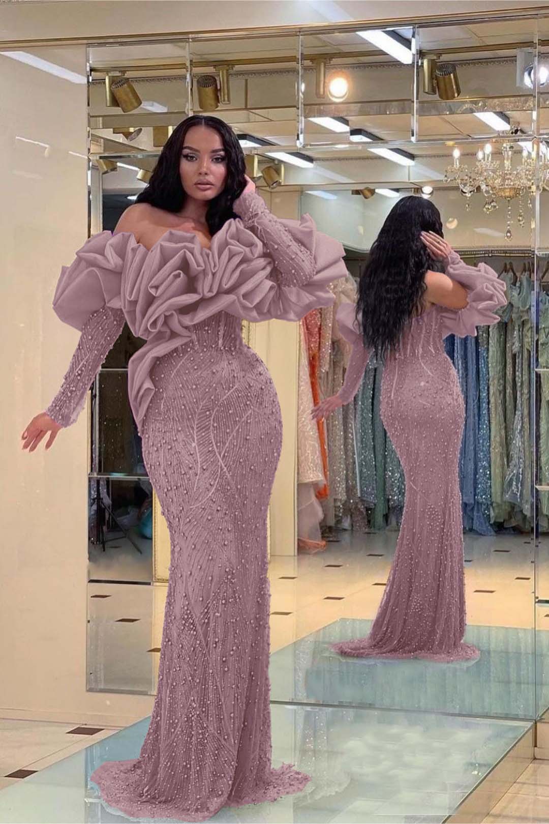 Purple Mermaid Prom Dress Long Sleeve Off the Shoulder Formal Dress With Beadings and Rhinestones
