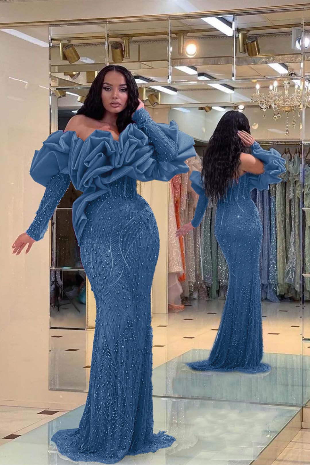 Purple Mermaid Prom Dress Long Sleeve Off the Shoulder Formal Dress With Beadings and Rhinestones
