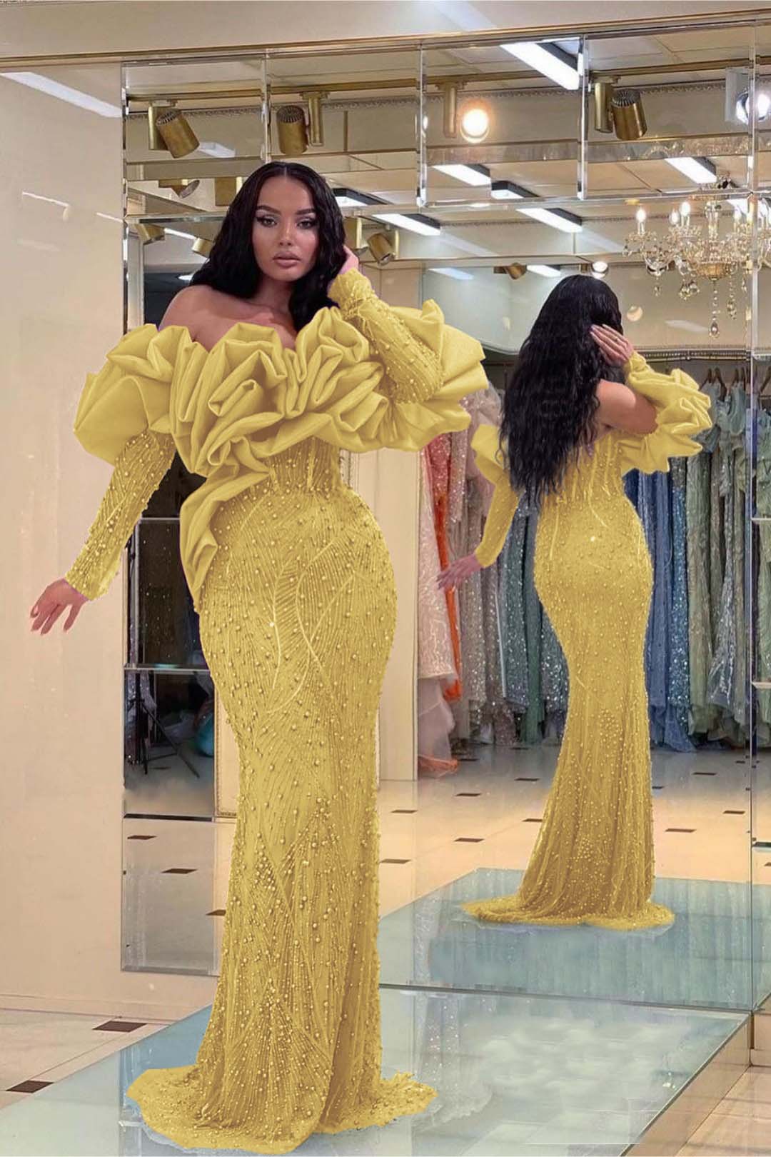 Purple Mermaid Prom Dress Long Sleeve Off the Shoulder Formal Dress With Beadings and Rhinestones