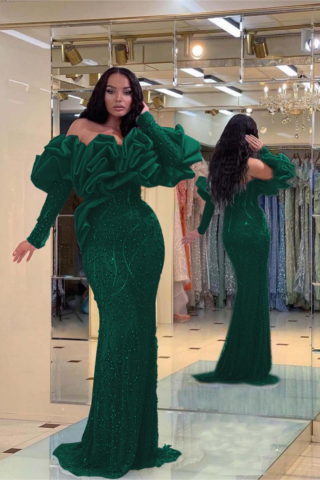 Purple Mermaid Prom Dress Long Sleeve Off the Shoulder Formal Dress With Beadings and Rhinestones