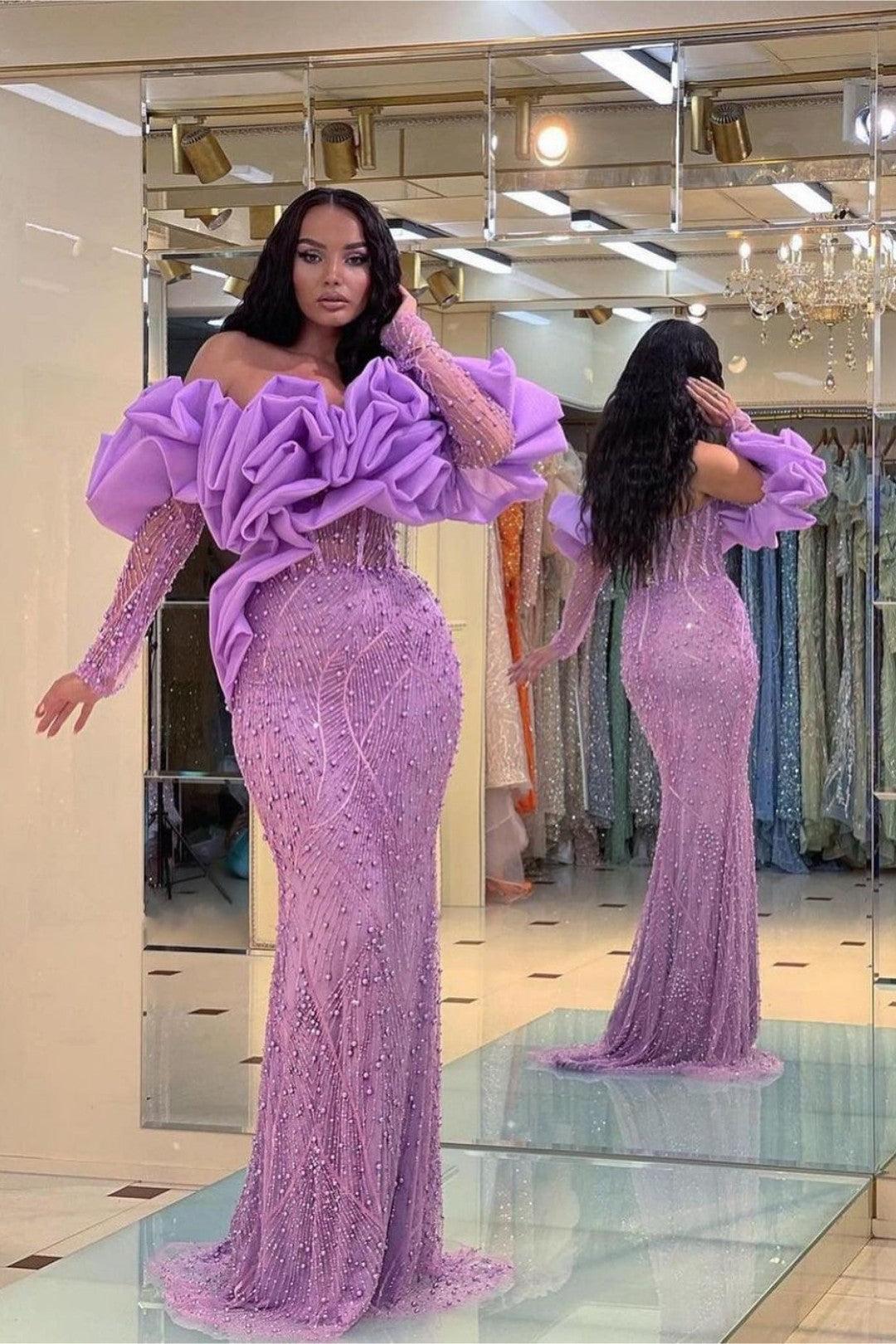 Purple Mermaid Prom Dress Long Sleeve Off the Shoulder Formal Dress With Beadings and Rhinestones