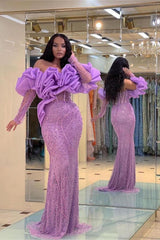 Purple Mermaid Prom Dress Long Sleeve Off the Shoulder Formal Dress With Beadings and Rhinestones