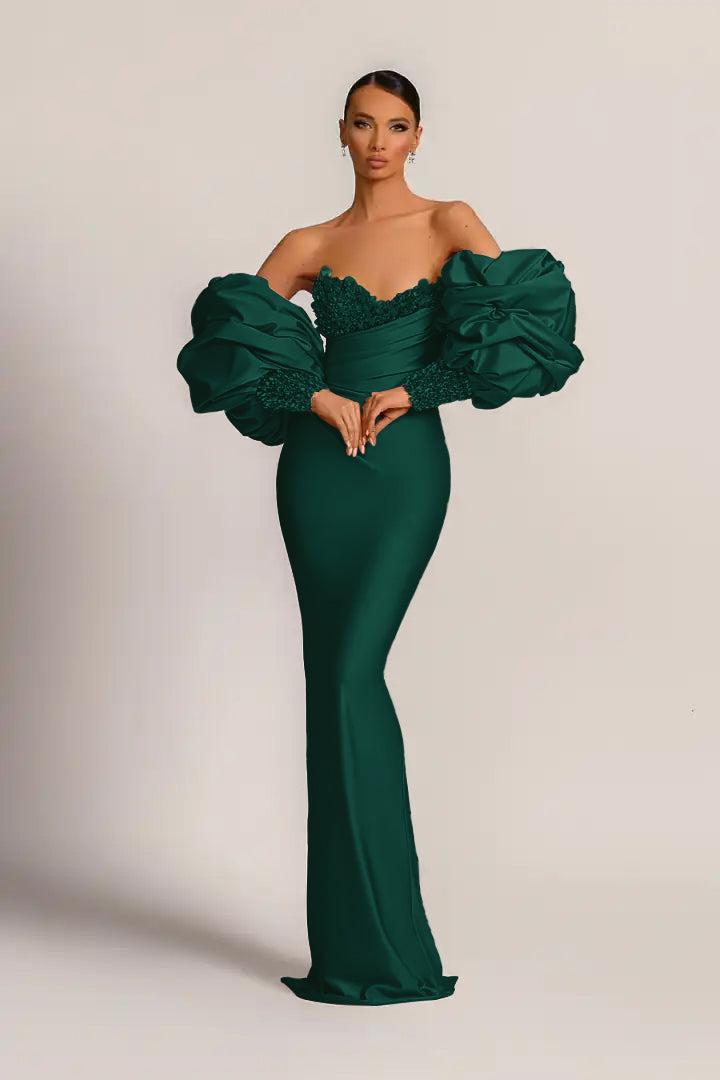 Purple Mermaid Prom Dress Puff Long Sleeve Sweetheart Formal Dress With Beadings and Rhinestones