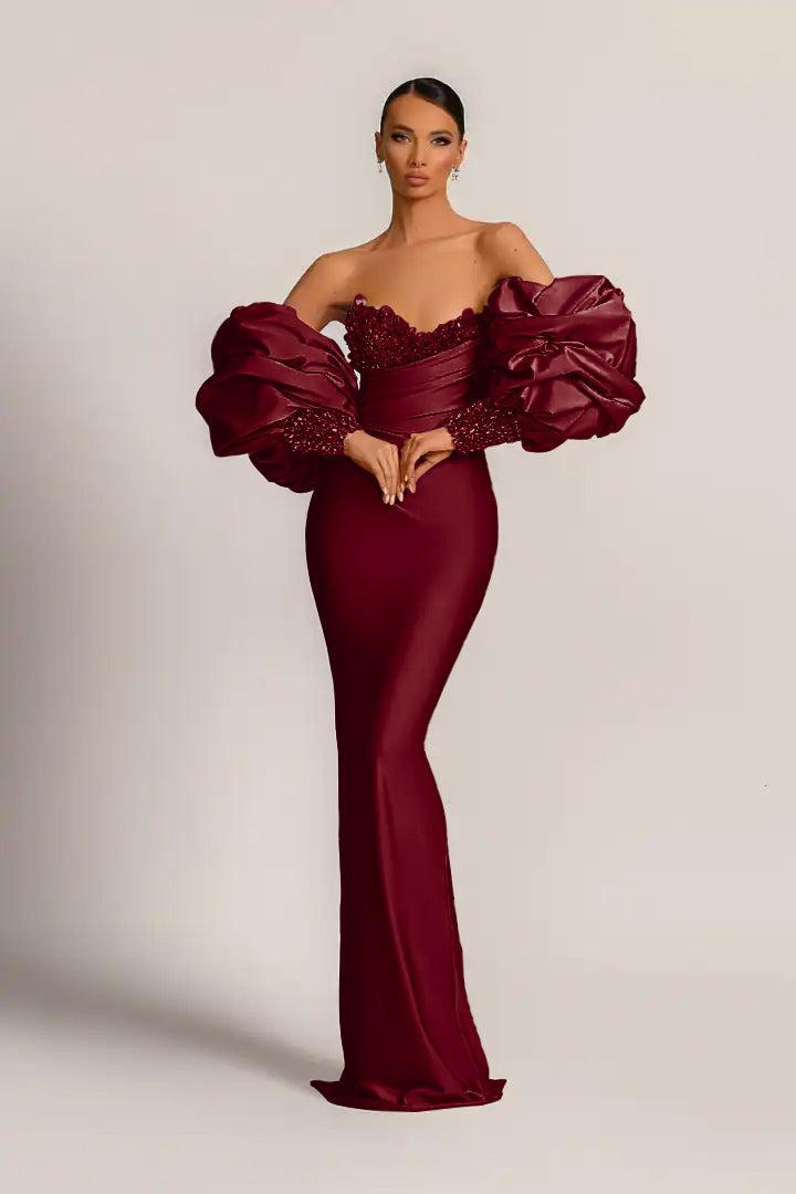 Purple Mermaid Prom Dress Puff Long Sleeve Sweetheart Formal Dress With Beadings and Rhinestones