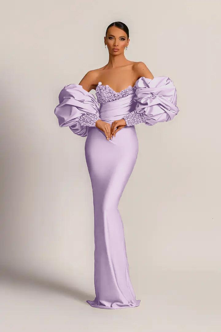 Purple Mermaid Prom Dress Puff Long Sleeve Sweetheart Formal Dress With Beadings and Rhinestones