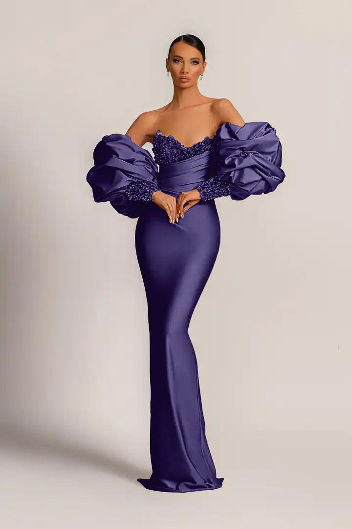 Purple Mermaid Prom Dress Puff Long Sleeve Sweetheart Formal Dress With Beadings and Rhinestones