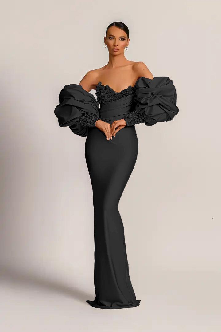 Purple Mermaid Prom Dress Puff Long Sleeve Sweetheart Formal Dress With Beadings and Rhinestones