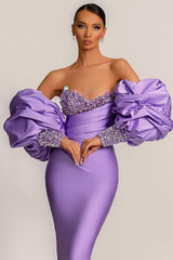 Purple Mermaid Prom Dress Puff Long Sleeve Sweetheart Formal Dress With Beadings and Rhinestones