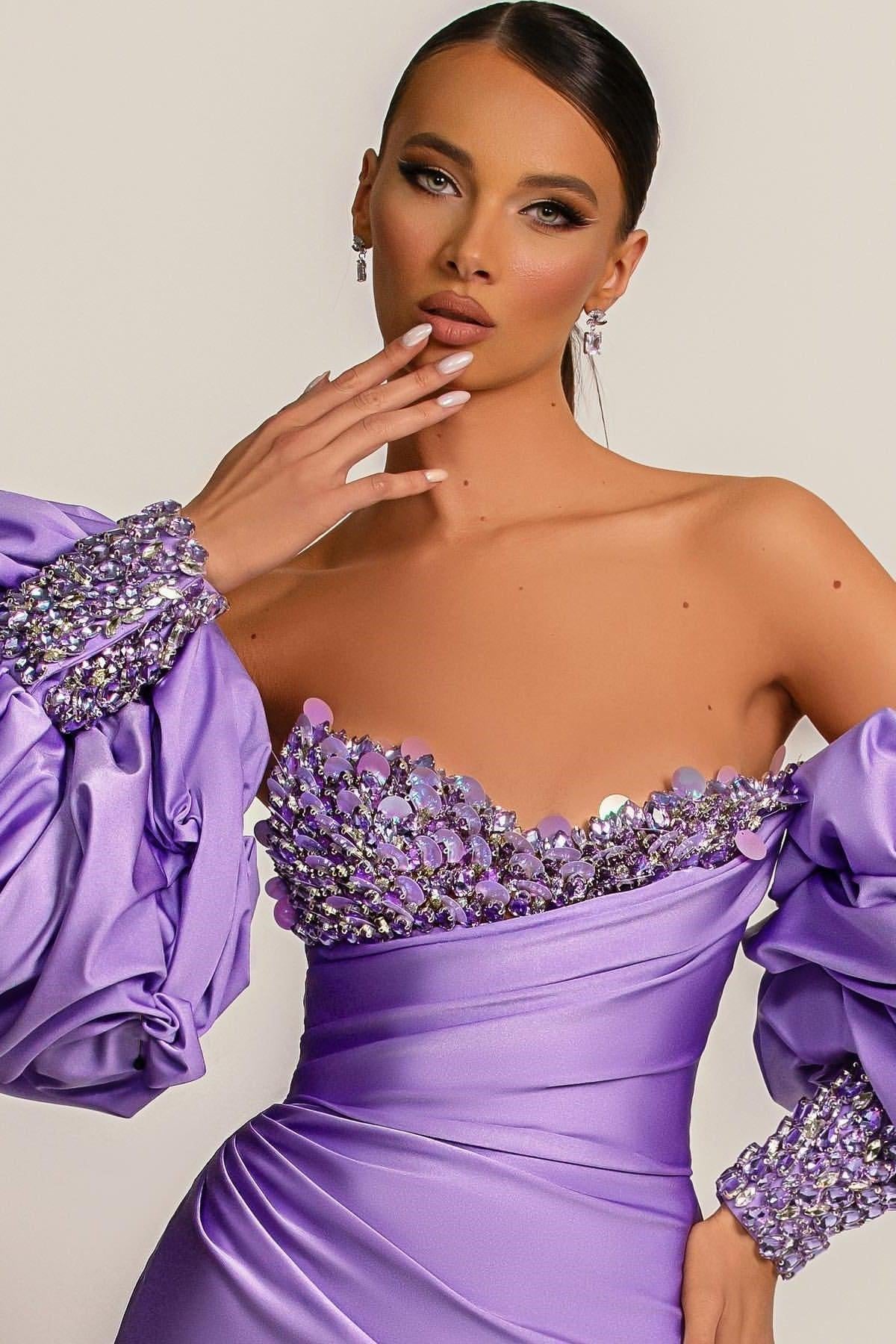 Purple Mermaid Prom Dress Puff Long Sleeve Sweetheart Formal Dress With Beadings and Rhinestones