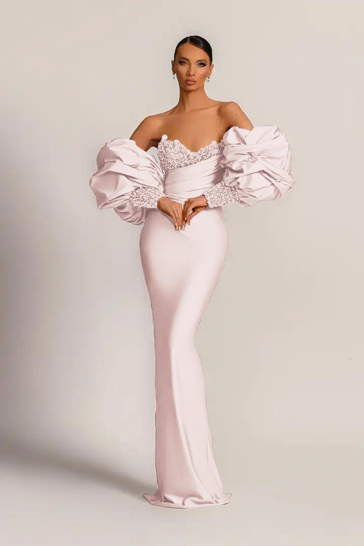 Purple Mermaid Prom Dress Puff Long Sleeve Sweetheart Formal Dress With Beadings and Rhinestones