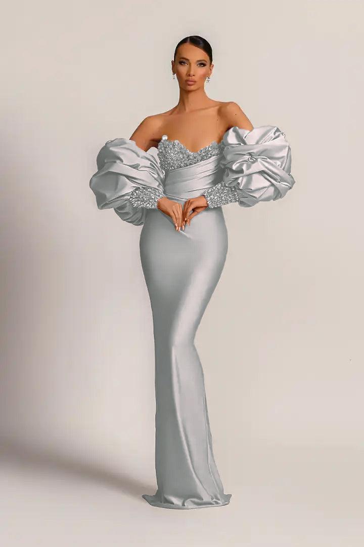 Purple Mermaid Prom Dress Puff Long Sleeve Sweetheart Formal Dress With Beadings and Rhinestones