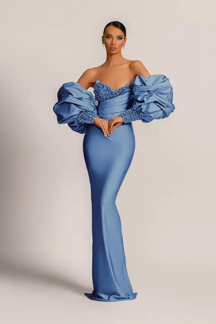 Purple Mermaid Prom Dress Puff Long Sleeve Sweetheart Formal Dress With Beadings and Rhinestones