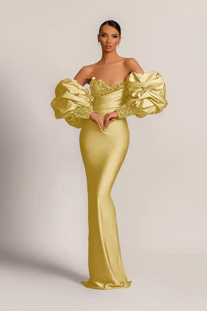 Purple Mermaid Prom Dress Puff Long Sleeve Sweetheart Formal Dress With Beadings and Rhinestones