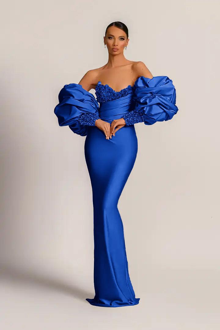 Purple Mermaid Prom Dress Puff Long Sleeve Sweetheart Formal Dress With Beadings and Rhinestones