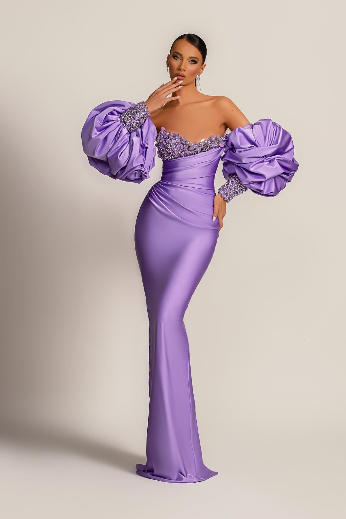 Purple Mermaid Prom Dress Puff Long Sleeve Sweetheart Formal Dress With Beadings and Rhinestones