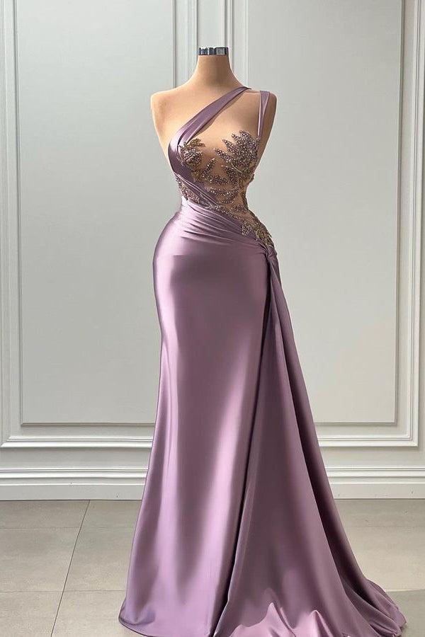 Purple Mermaid Prom Dress Sleeveless One Shoulder Formal Dress With Beadings and Rhinestones