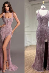 Purple Mermaid Prom Dress Sleeveless Scoop Neck Formal Dress With Beadings and Rhinestones