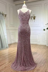 Purple Mermaid Prom Dress Sleeveless Scoop Neck Formal Dress With Beadings and Rhinestones
