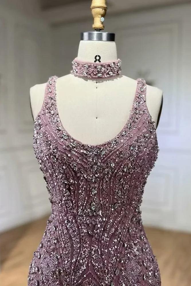 Purple Mermaid Prom Dress Sleeveless Scoop Neck Formal Dress With Beadings and Rhinestones