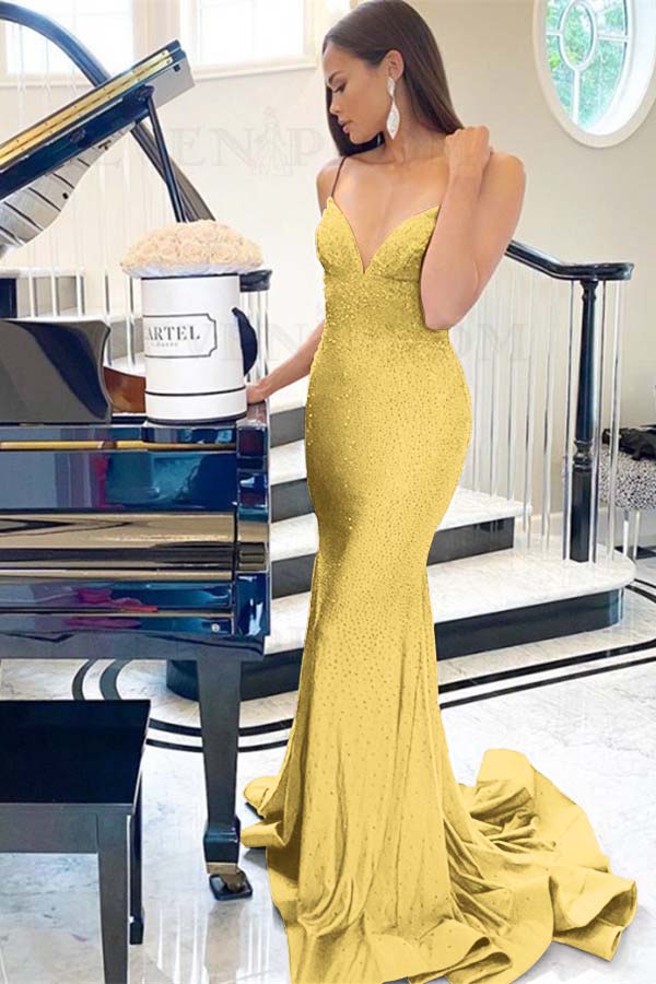 Purple Mermaid Prom Dress Sleeveless Spaghetti Straps Formal Dress With Beadings and Rhinestones