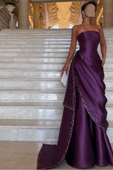 Purple Mermaid Prom Dress Sleeveless Strapless Formal Dress With Beadings and Rhinestones