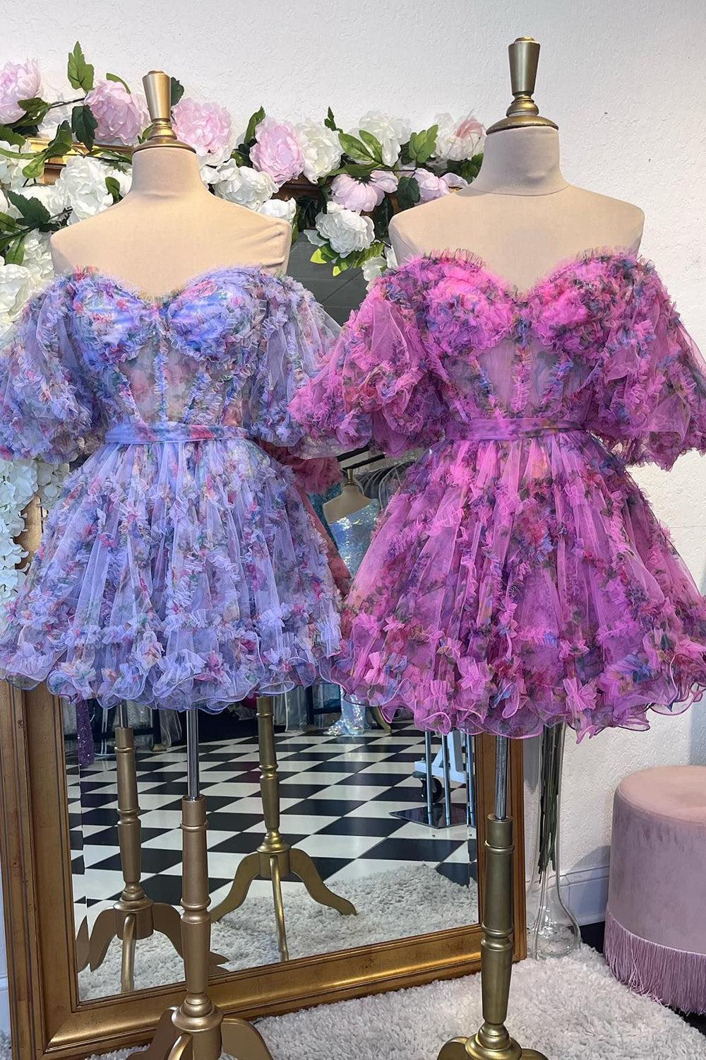 Purple Off-the-Shoulder A-Line Printed Short Homecoming Dress