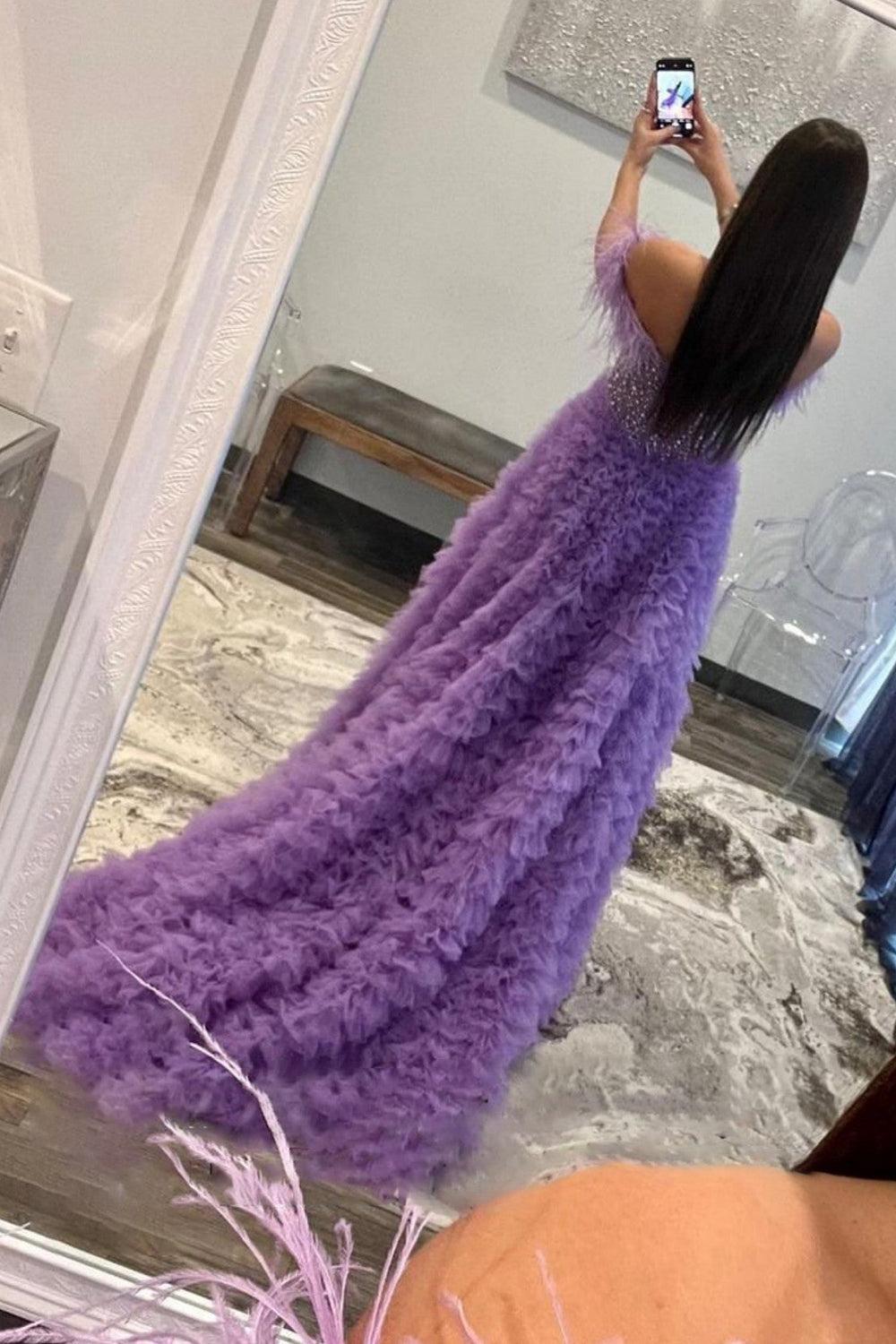 Purple Prom Dress Beaded Long Evening Dress with Ruffles
