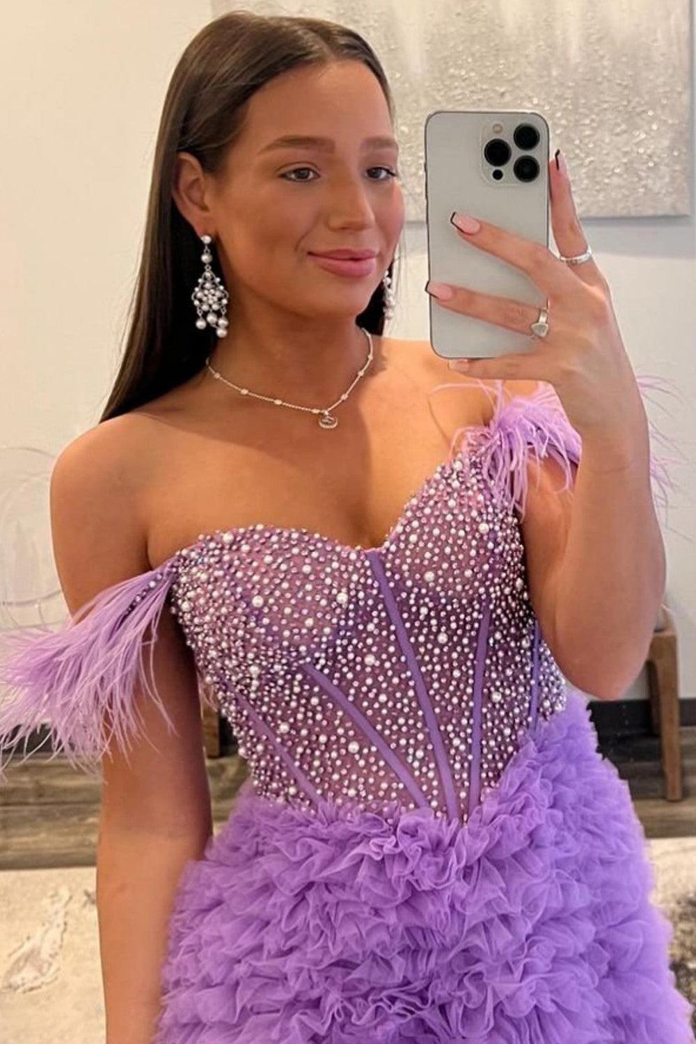 Purple Prom Dress Beaded Long Evening Dress with Ruffles