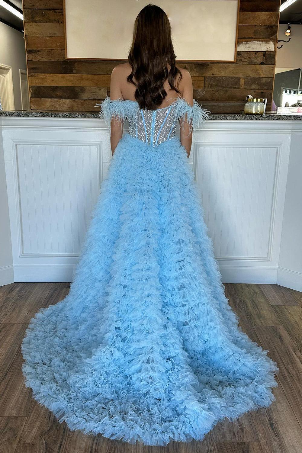 Purple Prom Dress Beaded Long Evening Dress with Ruffles