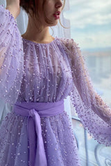 Purple A Line Prom Dress Long Sleeve Crew Neck Formal Dress With Beadings and Rhinestones