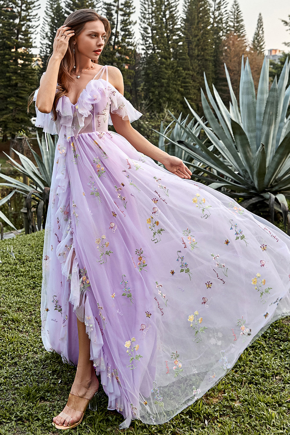 Purple Prom Dress Embroidery Long Evening Dress with Ruffles
