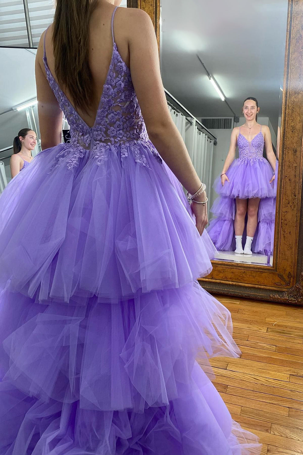 Purple Prom Dress High Low Tiered Homecoming Dress with Lace