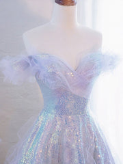 Purple Prom Dress Off the Shoulder Sequin Tulle Long Formal Evening Dress