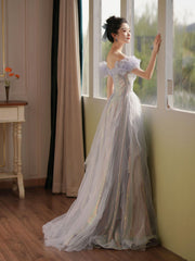 Purple Prom Dress Off the Shoulder Sequin Tulle Long Formal Evening Dress
