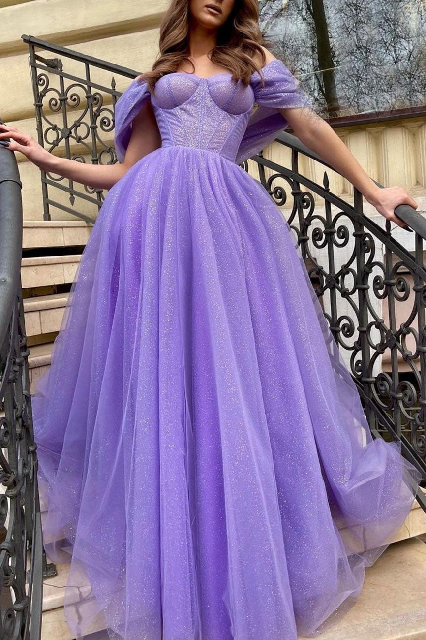 Purple Prom Dress Off the Shoulder Tulle Sequin Long Evening Dress