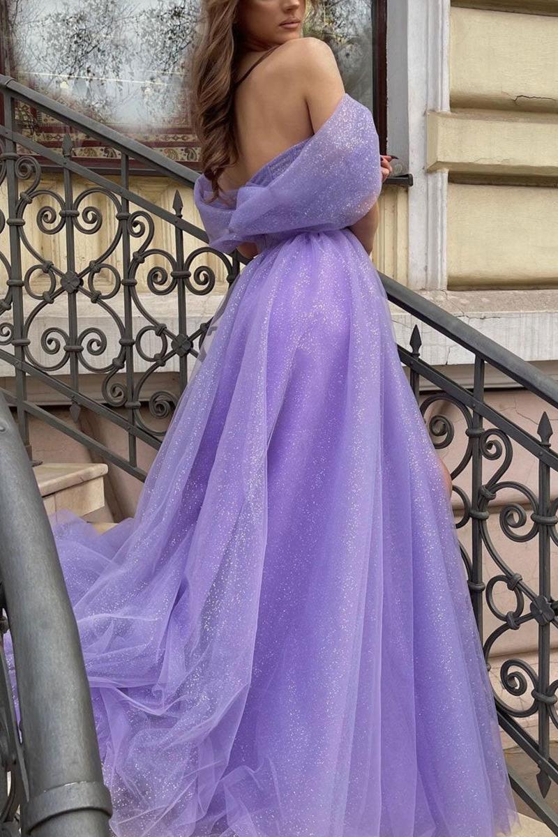 Purple Prom Dress Off the Shoulder Tulle Sequin Long Evening Dress