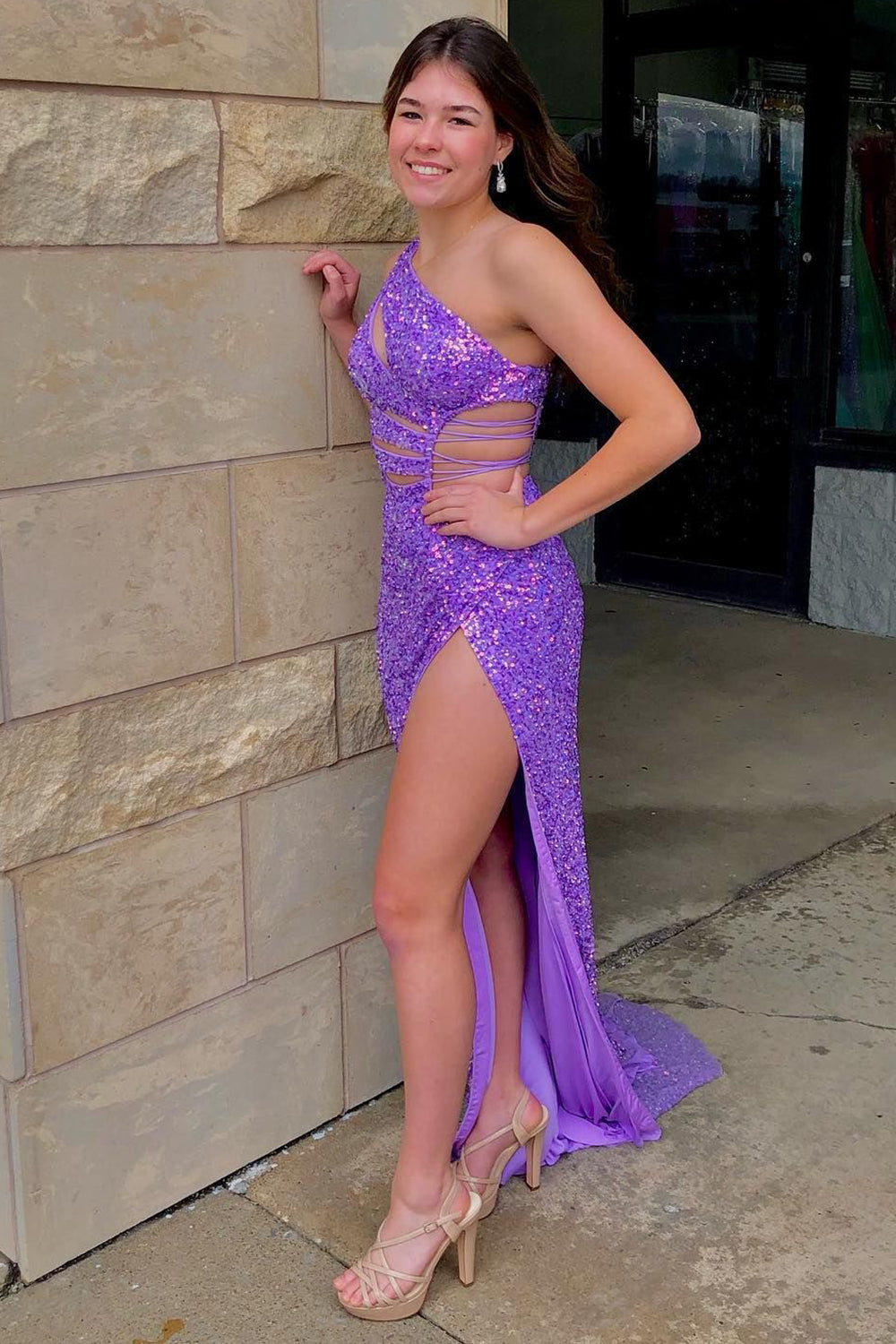 Purple Prom Dress Sequined Cut Out Long Evening Dress