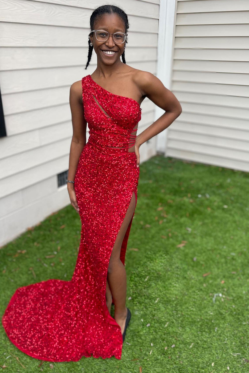 Purple Prom Dress Sequined Cut Out Long Evening Dress