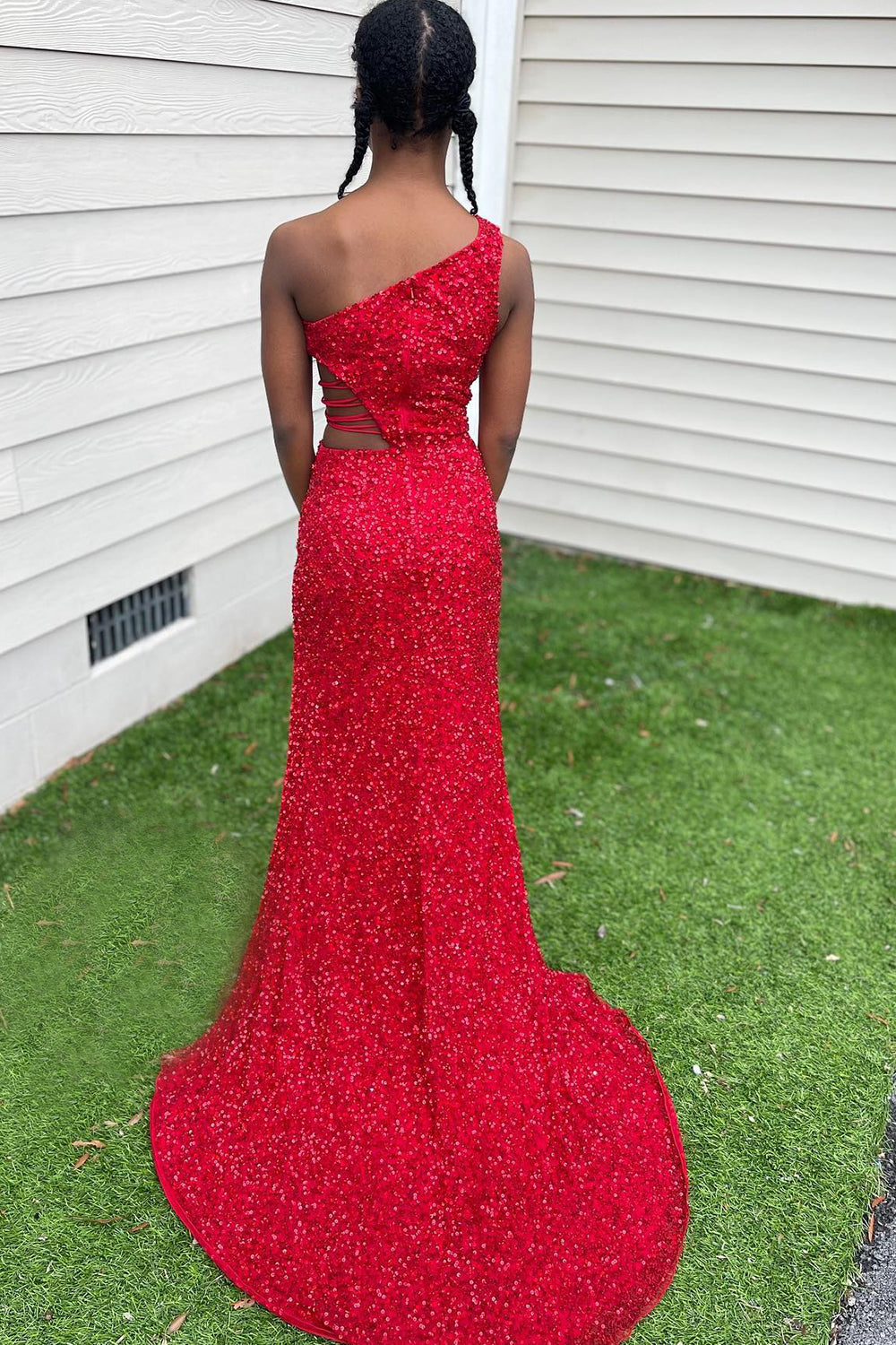 Purple Prom Dress Sequined Cut Out Long Evening Dress