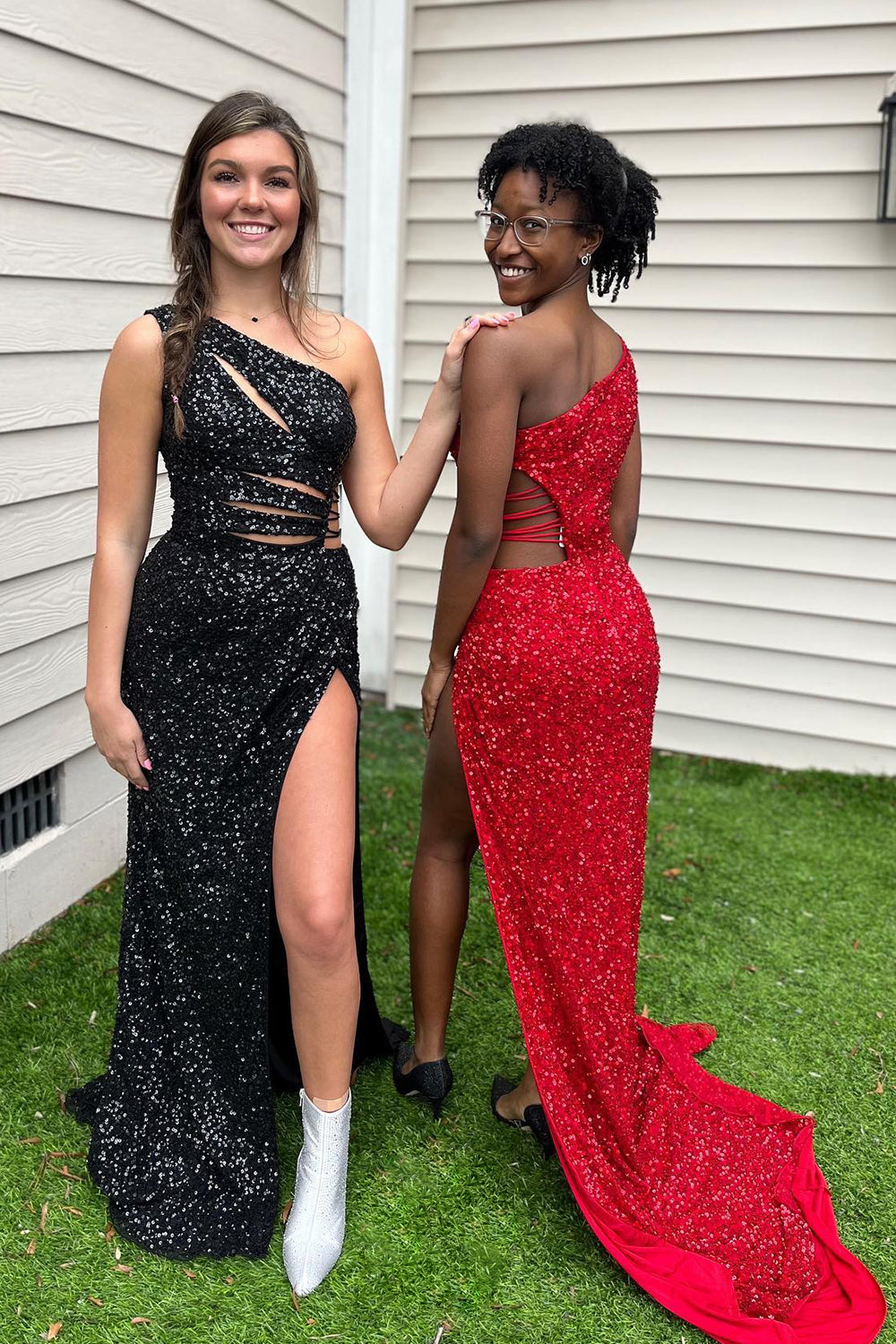 Purple Prom Dress Sequined Cut Out Long Evening Dress