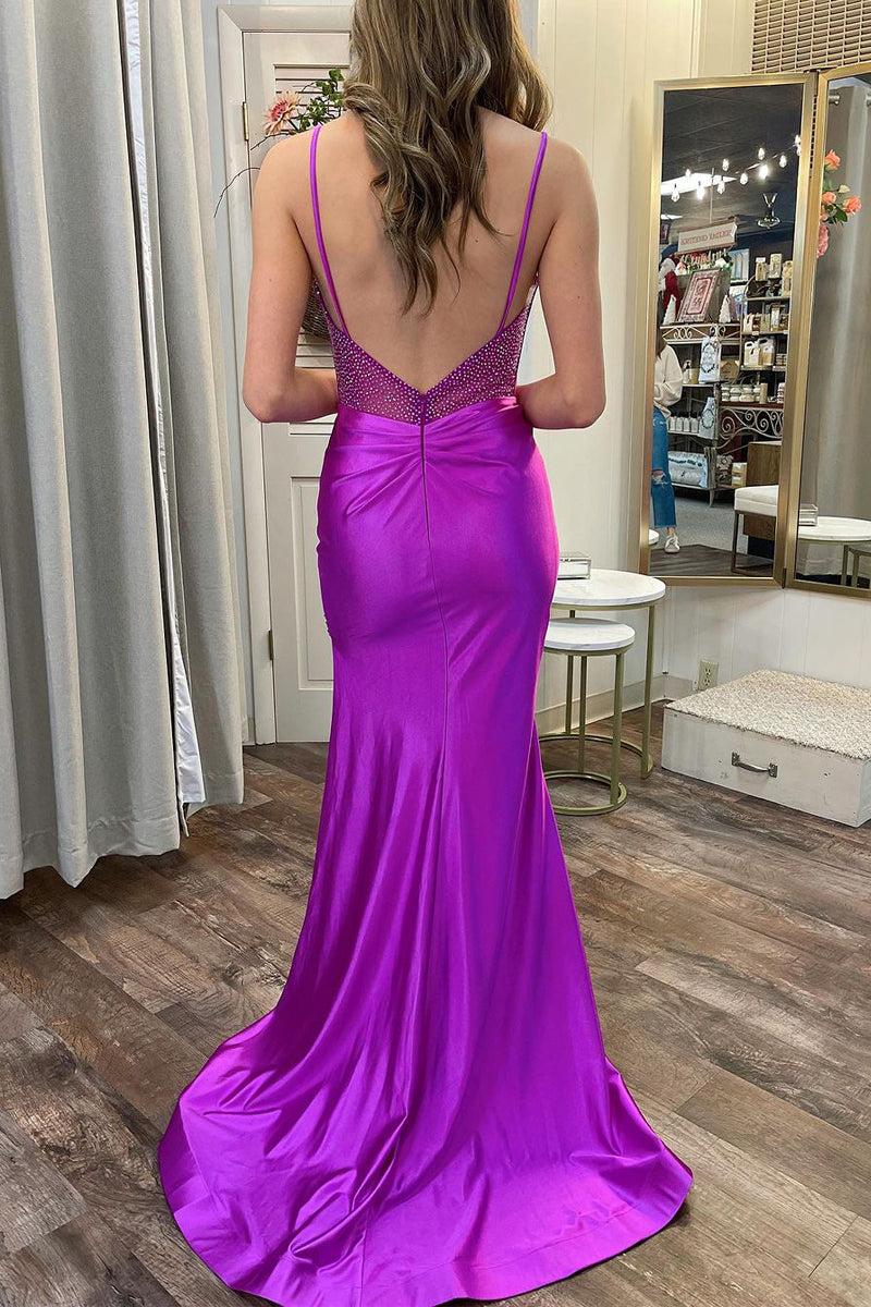 Purple Prom Dress Sweetheart Collar Satin Mermaid Long Evening Dress with Split