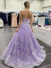 Purple Prom Dress Sweetheart Neck Tulle Sequin Long Formal Evening Dress