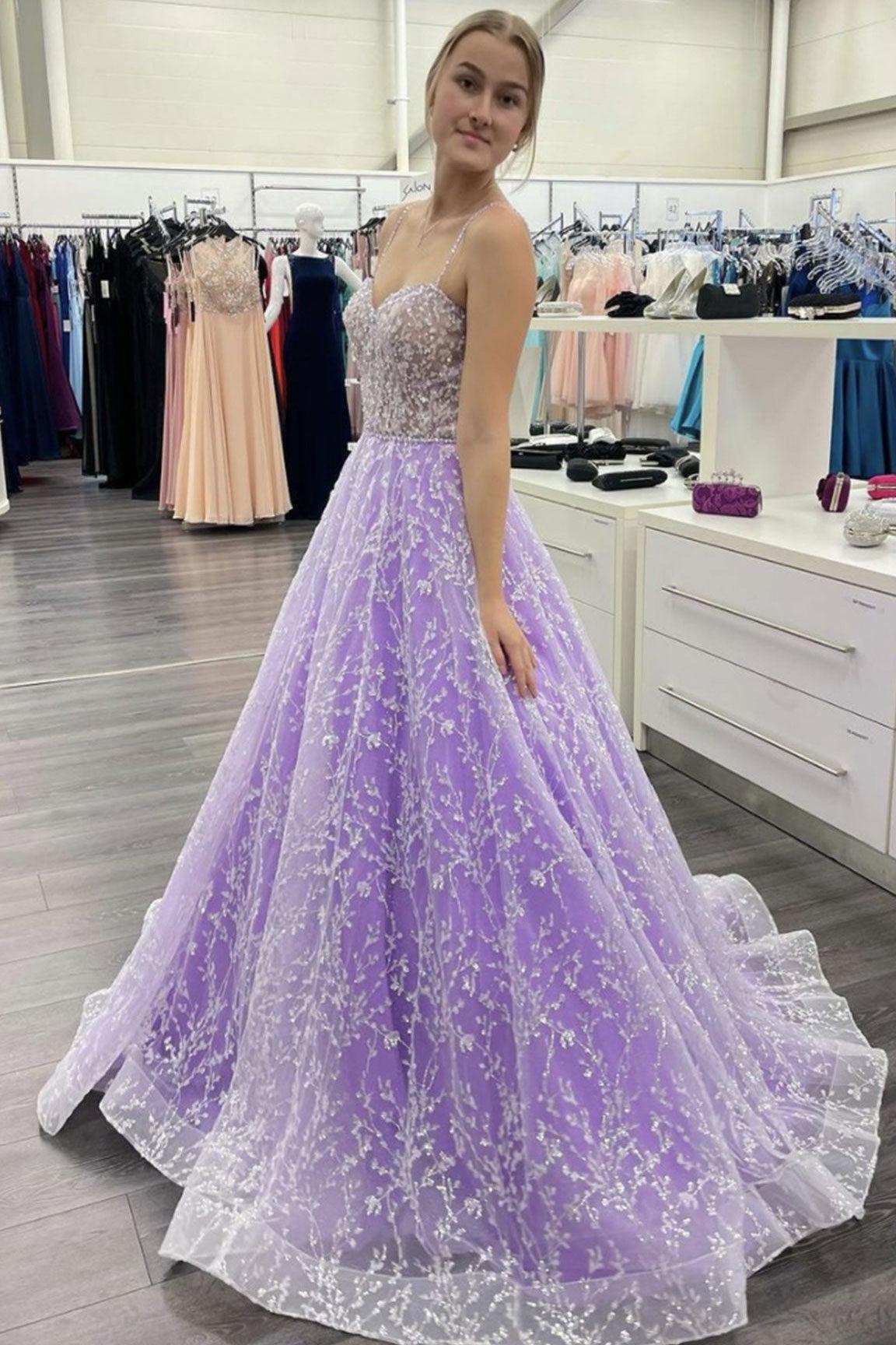 Purple Prom Dress Sweetheart Neck Tulle Sequin Long Formal Evening Dress