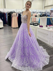 Purple Prom Dress Sweetheart Neck Tulle Sequin Long Formal Evening Dress