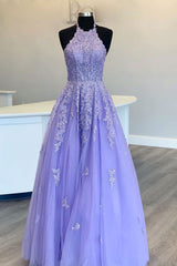 Purple Prom Dress Tulle High Neck Lace Long Evening Gown Evening Dress