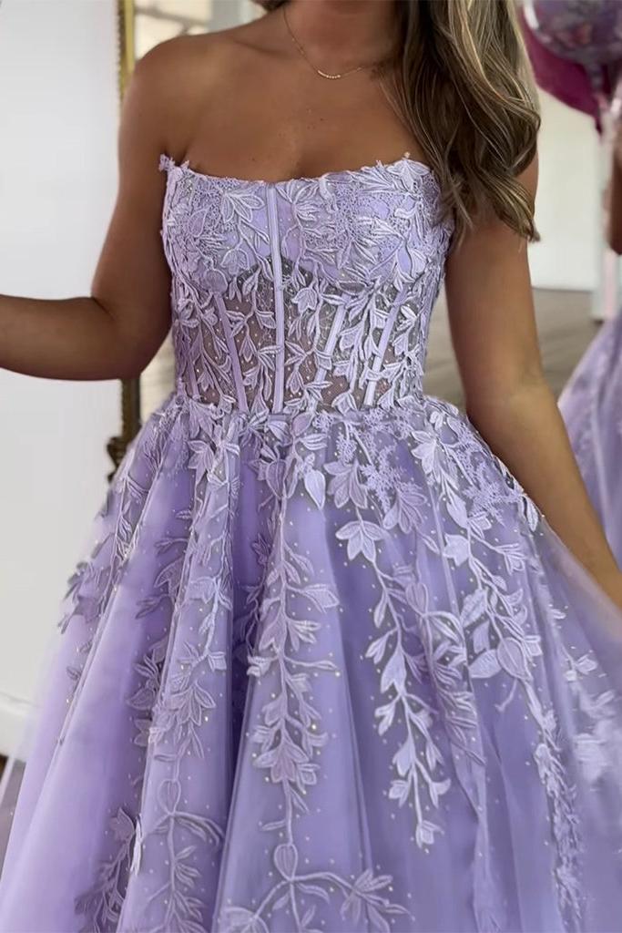 Purple Prom Dress Tulle Lace Long A Line Formal Dress Evening Dress
