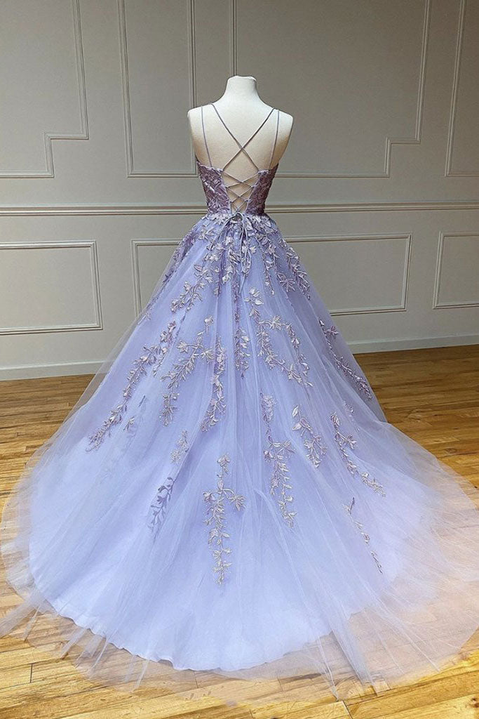 Purple Prom Dress Tulle Lace Long Formal Evening Dress